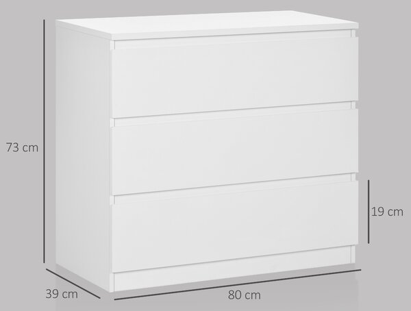 HOMCOM Cassettiera 3 Cassetti Moderna senza Maniglie per Camera e Soggiorno, 80x39x73 cm, Bianco | Aosom Italy