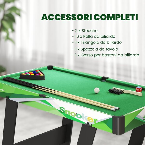 SPORTNOW Tavolo da Biliardo Pieghevole con Stecche, Palle e Triangolo per Adulti e Bambini da 12 Anni, 104x55.5x68 cm | Aosom Italy