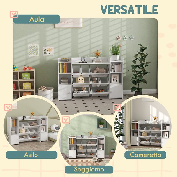 AIYAPLAY Scaffale Portagiochi per Bambini con 8 Contenitori Rimovibili e Armadietti, 140x30x90 cm, Bianco | Aosom Italy