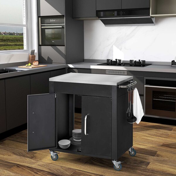 HOMCOM Carrello da Cucina in Acciaio Inox con Armadietto Contenitore e 6 Ganci, 86x50x86.5 cm, Nero | Aosom Italy