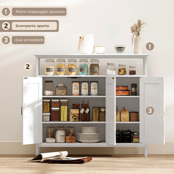 HOMCOM Credenza da Cucina con Ripiano Aperto e 2 Armadietti, in Legno e Acciaio, 100x35x88 cm, Bianco | Aosom Italy