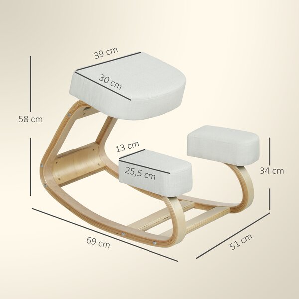 Vinsetto Sedia Ergonomica con Inginocchiatoio in Legno di Betulla e Cuscino, 51x69x58 cm, Crema | Aosom Italy