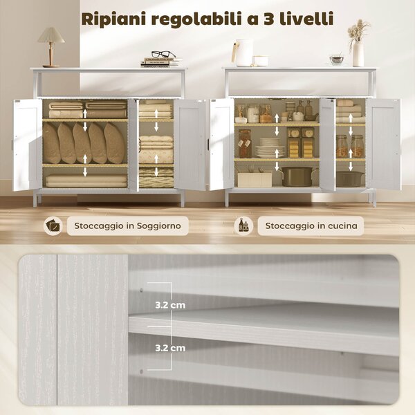 HOMCOM Credenza da Cucina con Ripiano Aperto e 2 Armadietti, in Legno e Acciaio, 100x35x88 cm, Bianco | Aosom Italy