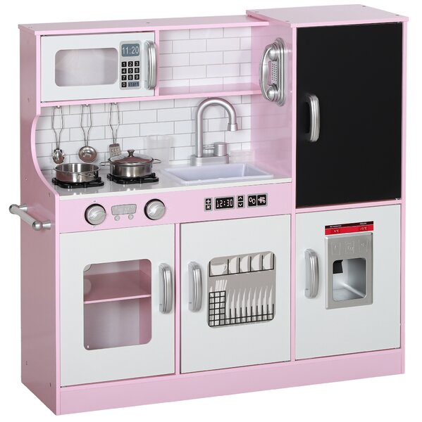 AIYAPLAY Cucina Giocattolo in Legno per Bambini 3-8 Anni con Fornelli, Microonde, Lavandino, e Accessori, Rosa | Aosom Italy