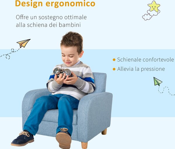 HOMCOM Poltrona per Bambini in Tessuto per Cameretta con Imbottitura, Max. 65 kg, 49x45x44 cm, Blu | Aosom Italy