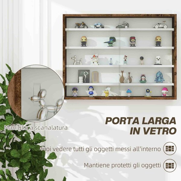 HOMCOM Bacheca Portaoggetti a 4 Ripiani Regolabili, Vetrina a Muro in Vetro e Legno, 80x9.5x60 cm, Marrone | Aosom Italy