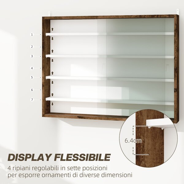 HOMCOM Bacheca Portaoggetti a 4 Ripiani Regolabili, Vetrina a Muro in Vetro e Legno, 80x9.5x60 cm, Marrone | Aosom Italy