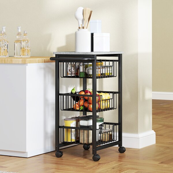 HOMCOM Carrello da Cucina a 3 Cestelli con Maniglia, in Acciaio e Legno, 49.5x31x69 cm, Nero e Grigio Chiaro | Aosom Italy