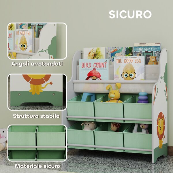 AIYAPLAY Scaffale Portagiochi con 6 Cassetti in Tessuto e Libreria a 2 Livelli, in Legno e Acciaio, 63x30x71 cm, Verde | Aosom Italy