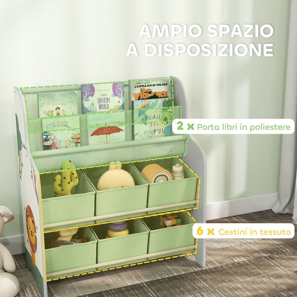 AIYAPLAY Scaffale Portagiochi con 6 Cassetti in Tessuto e Libreria a 2 Livelli, in Legno e Acciaio, 63x30x71 cm, Verde | Aosom Italy