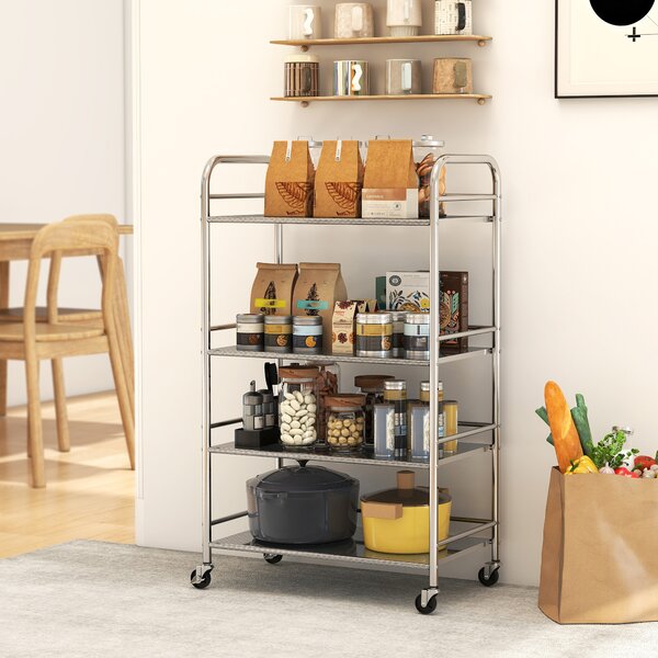 HOMCOM Carrello Multiuso a 4 Livelli con 2 Ripiani Regolabili e Bordi Rialzati, in Acciaio Inox, 60x35x100 cm | Aosom Italy