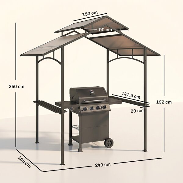 Outsunny Gazebo da Giardino per Barbecue, Doppio Tetto e Struttura in Acciaio con Mensole, 240x150x250cm, Nero|Aosom.it