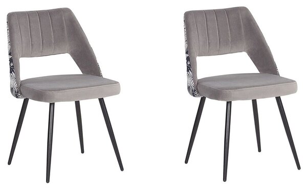 Set di 2 sedie da pranzo con sedile in velluto grigio gambe in metallo Nero con motivo floreale sul retro ritagliato Beliani