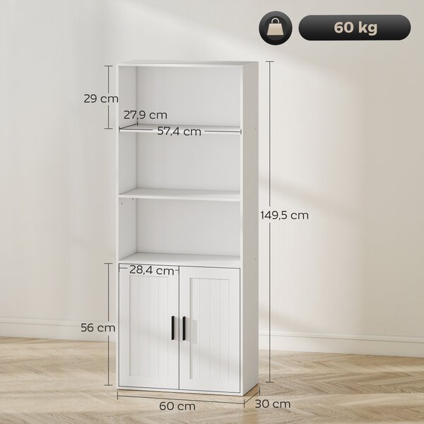 HOMCOM Libreria con Ripiani Aperti e Armadietto 2 Ante con Mensola Interna Regolabile, 60x30x145.5 cm, Bianco | Aosom Italy