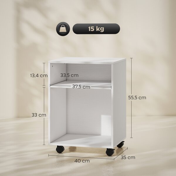 HOMCOM Mobile Porta Stampante con Ruote e 2 Ripiani Aperti in Legno, 40x35x55.5 cm, Bianco | Aosom Italy