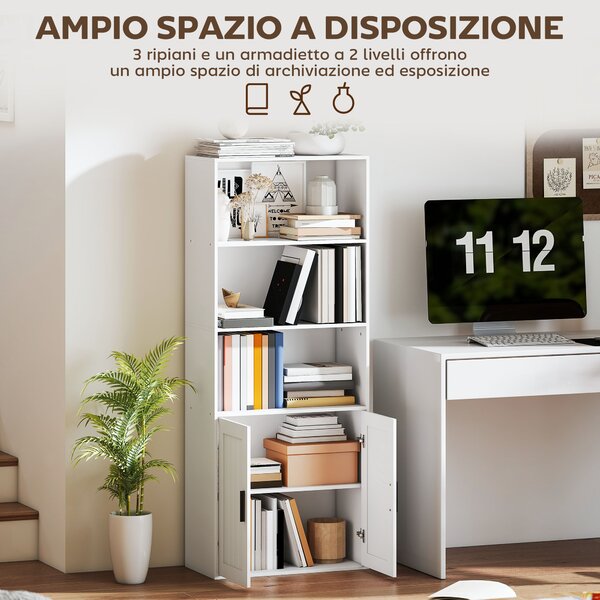 HOMCOM Libreria con Ripiani Aperti e Armadietto 2 Ante con Mensola Interna Regolabile, 60x30x145.5 cm, Bianco | Aosom Italy