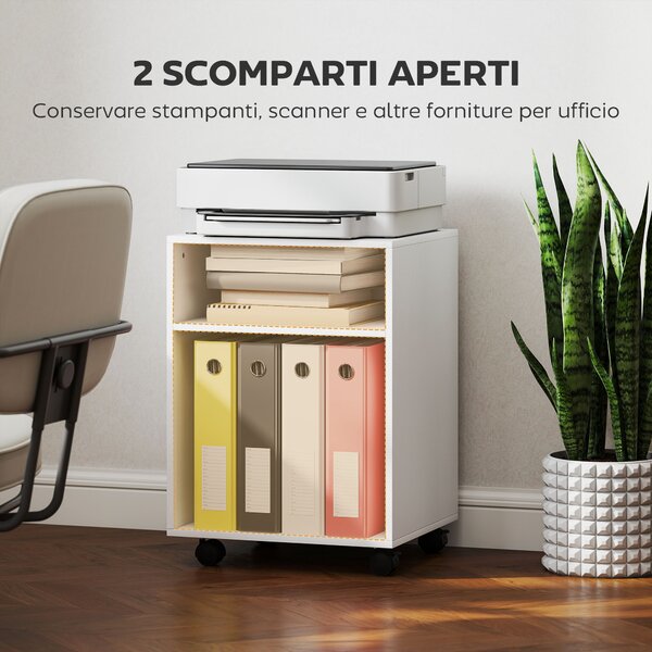 HOMCOM Mobile Porta Stampante con Ruote e 2 Ripiani Aperti in Legno, 40x35x55.5 cm, Bianco | Aosom Italy