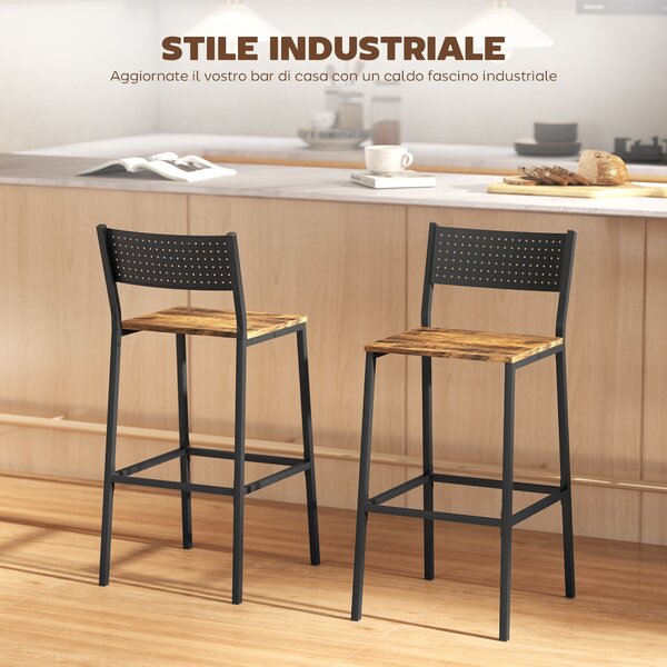 HOMCOM Set 2 Sgabelli da Bar con Schienale e Poggiapiedi Integrato in Stile Industriale, Marrone Rustico | Aosom Italy