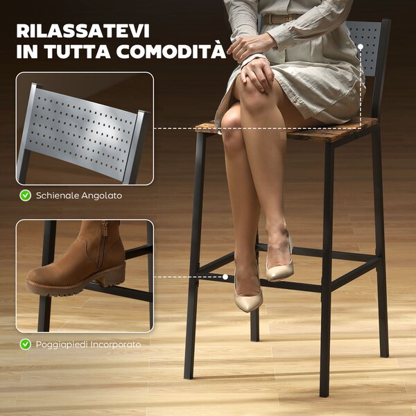 HOMCOM Set 2 Sgabelli da Bar con Schienale e Poggiapiedi Integrato in Stile Industriale, Marrone Rustico | Aosom Italy