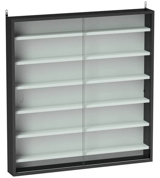 HOMCOM Bacheca Portaoggetti a 5 Ripiani Regolabili in Legno con Ante in Vetro, 80x9.5x83 cm, Bianco e Nero | Aosom Italy