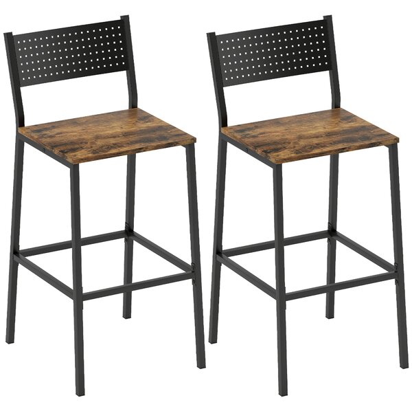 HOMCOM Set 2 Sgabelli da Bar con Schienale e Poggiapiedi Integrato in Stile Industriale, Marrone Rustico | Aosom Italy