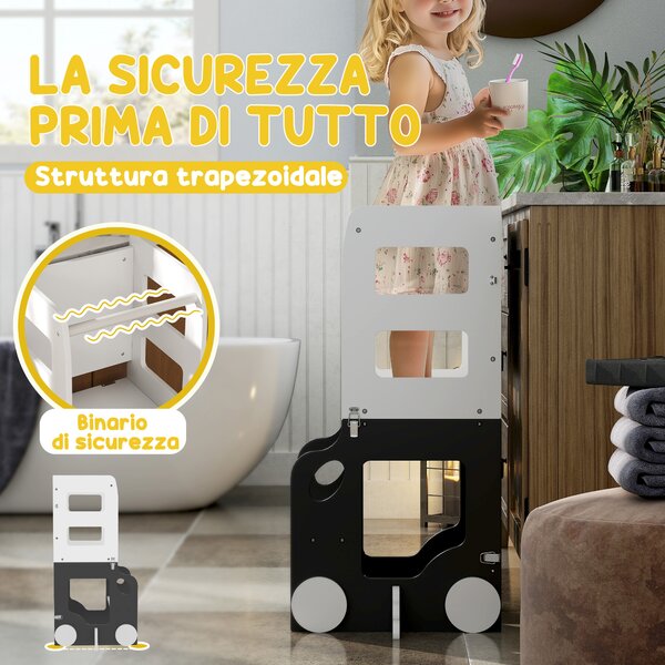 AIYAPLAY Scala Montessori 4 in 1 per Bambini con 2 Lavagne e Set Tavolo e Sedia, in Legno, 58x46x92 cm, Bianco | Aosom Italy