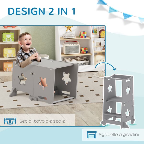 AIYAPLAY Scala Montessori Convertibile in Set Tavolo e Sedie con Barra di Sicurezza, in Legno, 60x44.5x86 cm, Grigio | Aosom Italy