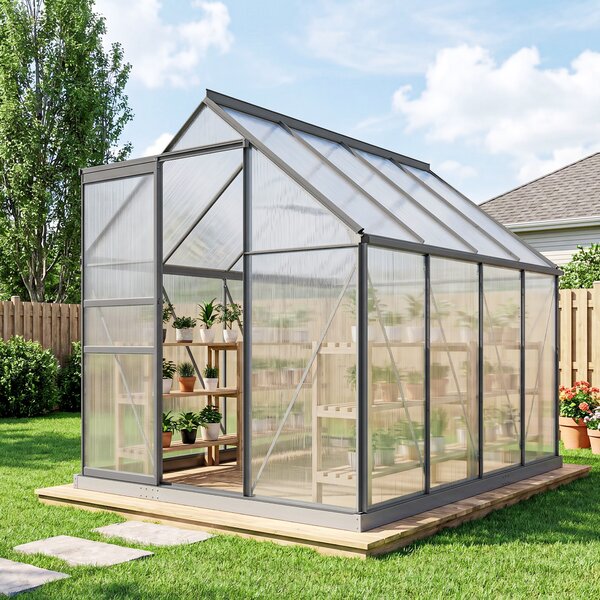 Outsunny Serra in Policarbonato e Alluminio con Finestra Apribile e Porta Scorrevole, 190x253x199 cm, Grigio Scuro | Aosom Italy