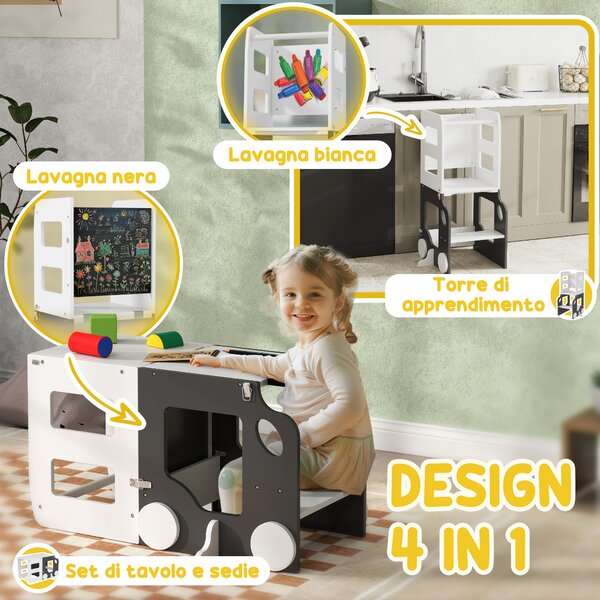 AIYAPLAY Scala Montessori 4 in 1 per Bambini con 2 Lavagne e Set Tavolo e Sedia, in Legno, 58x46x92 cm, Bianco | Aosom Italy