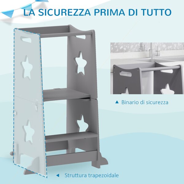 AIYAPLAY Scala Montessori Convertibile in Set Tavolo e Sedie con Barra di Sicurezza, in Legno, 60x44.5x86 cm, Grigio | Aosom Italy