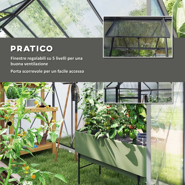 Outsunny Serra in Policarbonato e Alluminio con Finestra Apribile e Porta Scorrevole, 190x253x199 cm, Grigio Scuro | Aosom Italy