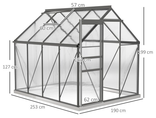 Outsunny Serra in Policarbonato e Alluminio con Finestra Apribile e Porta Scorrevole, 190x253x199 cm, Grigio Scuro | Aosom Italy