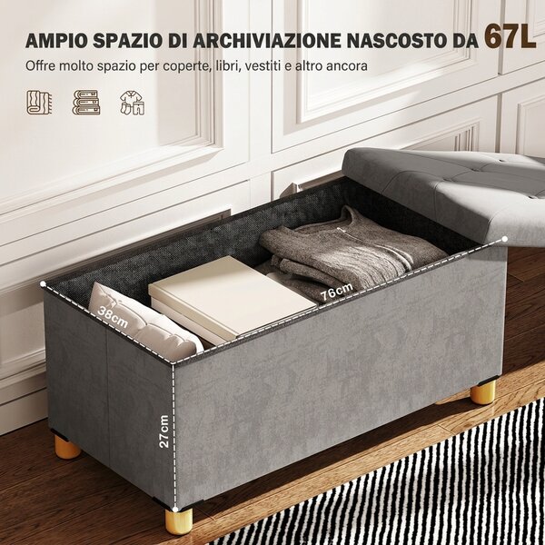 HOMCOM Panca Contenitore Pieghevole da 67L, Coperchio Imbottito e Rivestimento Vellutato, 76x38x38cm, Grigio | Aosom Italy