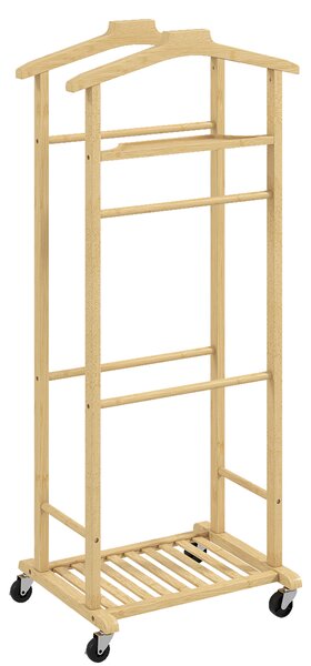 HOMCOM Servomuto 4 in 1 a Rotelle con 2 Aste, Vassoio Svuota Tasche e Ripiano per Scarpe, in Bambù, 47x33.7x105.5 cm | Aosom Italy