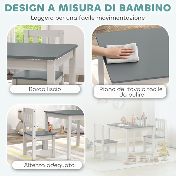 AIYAPLAY Set Tavolo e Sedie per Bambini da 3-8 Anni 3 pz in Legno con Bordi Arrotondati, Grigio e Bianco | Aosom Italy
