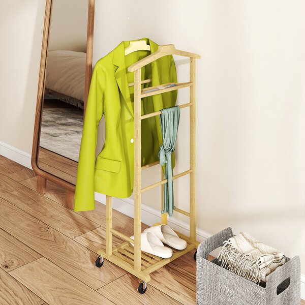 HOMCOM Servomuto 4 in 1 a Rotelle con 2 Aste, Vassoio Svuota Tasche e Ripiano per Scarpe, in Bambù, 47x33.7x105.5 cm | Aosom Italy