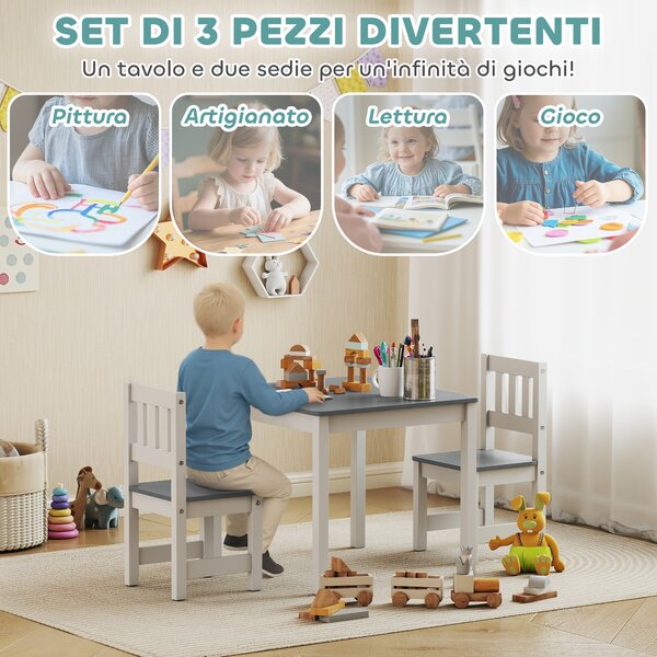 AIYAPLAY Set Tavolo e Sedie per Bambini da 3-8 Anni 3 pz in Legno con Bordi Arrotondati, Grigio e Bianco | Aosom Italy