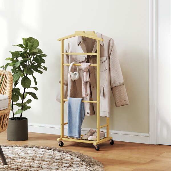 HOMCOM Servomuto 4 in 1 a Rotelle con 2 Aste, Vassoio Svuota Tasche e Ripiano per Scarpe, in Bambù, 47x33.7x105.5 cm | Aosom Italy