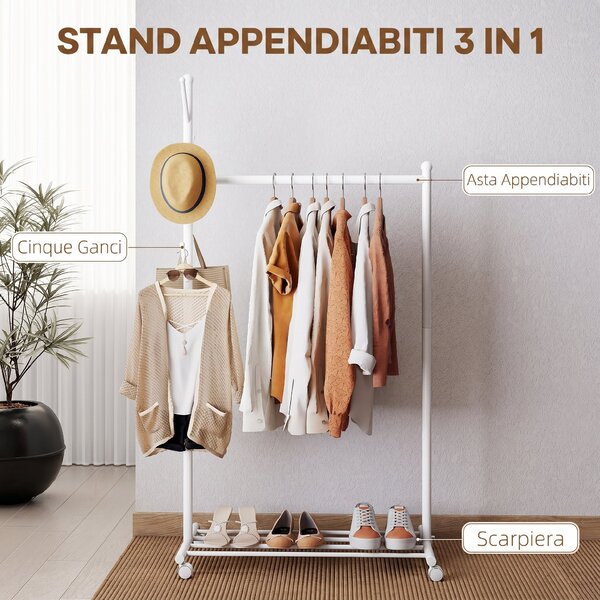 HOMCOM Appendiabiti da Terra con Ruote, 5 Ganci e Ripiano Inferiore Porta Scarpe, in Metallo, Portata 9 kg, Bianco | Aosom Italy