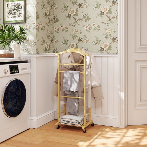 HOMCOM Servomuto 4 in 1 a Rotelle con 2 Aste, Vassoio Svuota Tasche e Ripiano per Scarpe, in Bambù, 47x33.7x105.5 cm | Aosom Italy
