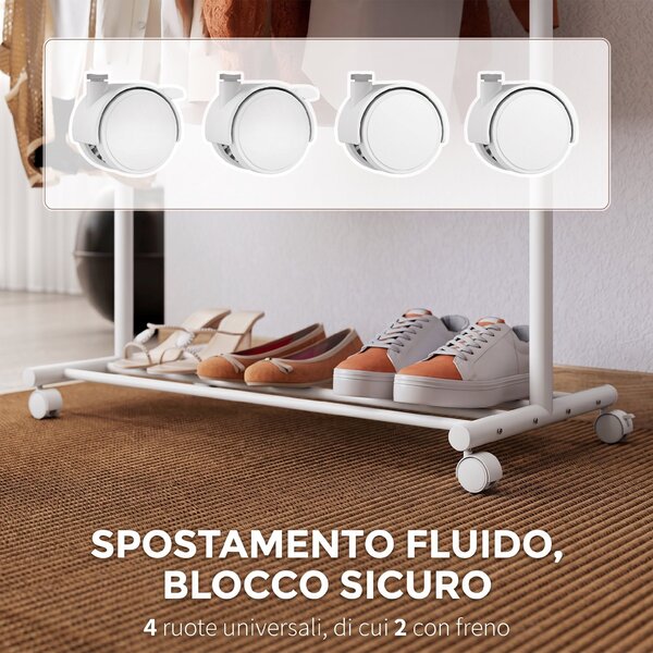 HOMCOM Appendiabiti da Terra con Ruote, 5 Ganci e Ripiano Inferiore Porta Scarpe, in Metallo, Portata 9 kg, Bianco | Aosom Italy