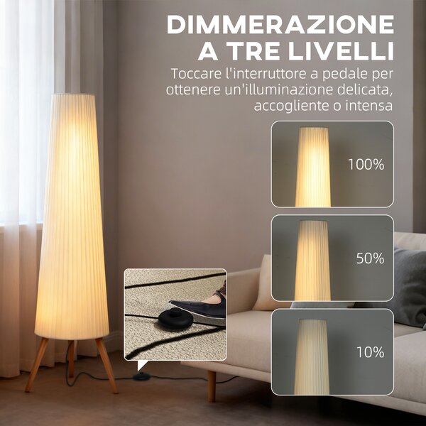 HOMCOM Lampada da Terra Treppiede con Interruttore a Pedale e Luminosità Regolabile, 46x46x153 cm, Bianco | Aosom Italy