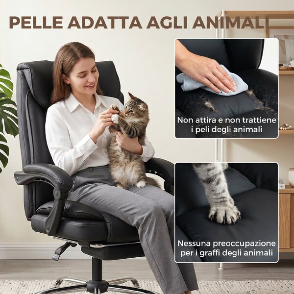 HOMCOM Sedia da Ufficio Reclinabile a 155° con Poggiapiedi, Doppia Imbottitura e Rivestimento in Finta Pelle, Nero | Aosom Italy