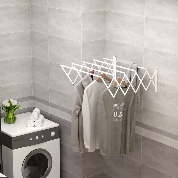 HOMCOM Stendibiancheria a Parete Retrattile, Stendino Salvaspazio Pieghevole in Metallo per Interni ed Esterni, 63.5x60x20 cm, Bianco | Aosom Italy