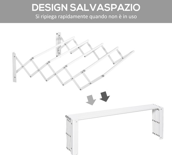 HOMCOM Stendibiancheria a Parete Retrattile, Stendino Salvaspazio Pieghevole in Metallo per Interni ed Esterni, 63.5x60x20 cm, Bianco | Aosom Italy