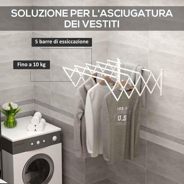 HOMCOM Stendibiancheria a Parete Retrattile, Stendino Salvaspazio Pieghevole in Metallo per Interni ed Esterni, 63.5x60x20 cm, Bianco | Aosom Italy