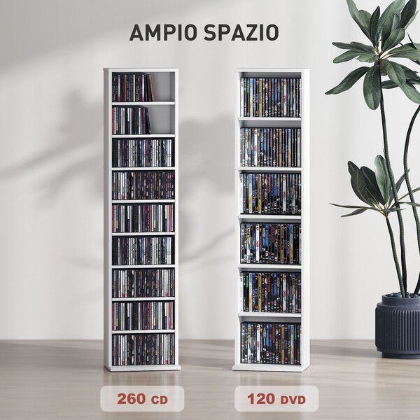 HOMCOM Scaffale Porta CD con 6 Ripiani Regolabili, Capacità di 260 CD/120 DVD, 33x24x140 cm, Bianco | Aosom Italy