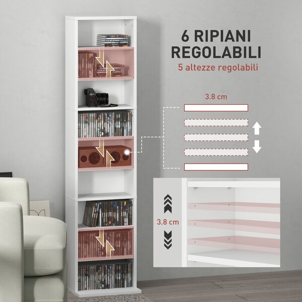 HOMCOM Scaffale Porta CD con 6 Ripiani Regolabili, Capacità di 260 CD/120 DVD, 33x24x140 cm, Bianco | Aosom Italy