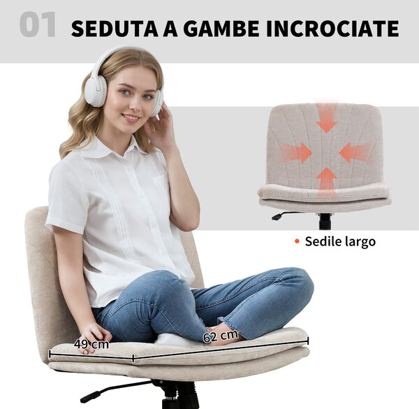 HOMCOM Sedia da Ufficio Regolabile, Inclinabile e Girevole, in Tessuto Chenille e Acciaio, 62x67x83-93 cm, Beige | Aosom Italy