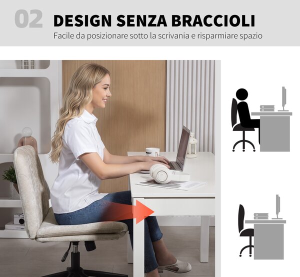 HOMCOM Sedia da Ufficio Regolabile, Inclinabile e Girevole, in Tessuto Chenille e Acciaio, 62x67x83-93 cm, Beige | Aosom Italy